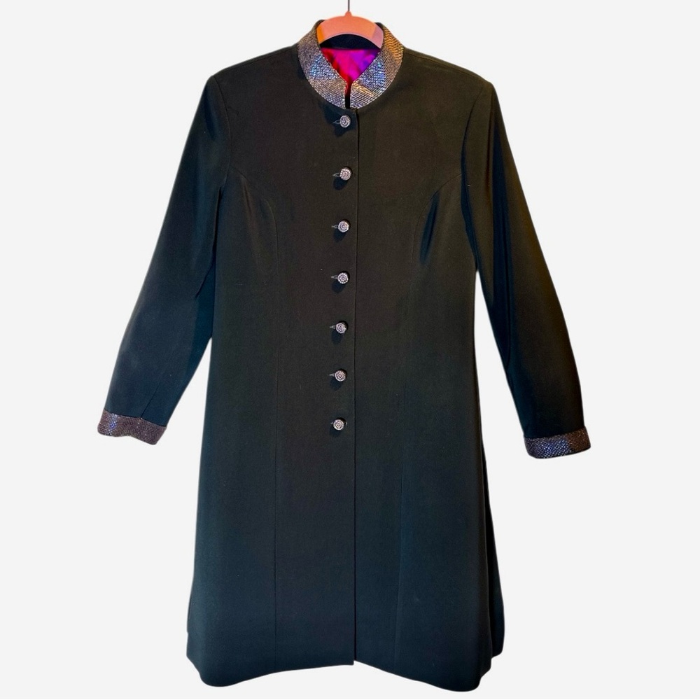 ROHIT BAL Elegant Black Coat with Beaded Accents and Pink Lining - Picture 14 of 14